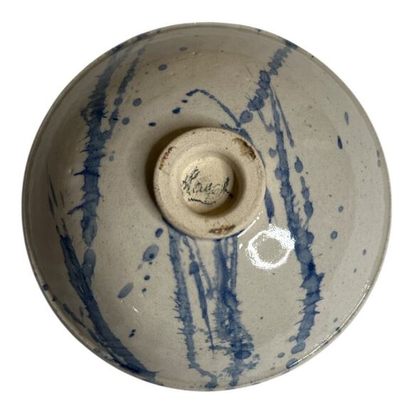 Vintage Blue Splatter Stoneware Pottery Bowl Artist Signed 7.5" W x 2.75" H - Picture 3 of 5